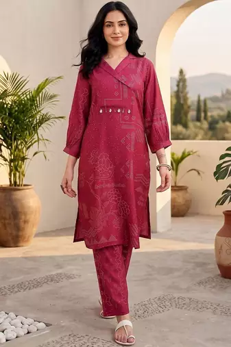 Women Ethnic Motifs Printed Angrakha Thread Work Chanderi Silk Kurta with Trousers