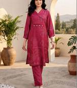 Women Ethnic Motifs Printed Angrakha Thread Work Chanderi Silk Kurta with Trousers