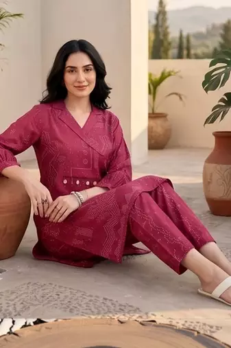 Women Ethnic Motifs Printed Angrakha Thread Work Chanderi Silk Kurta with Trousers