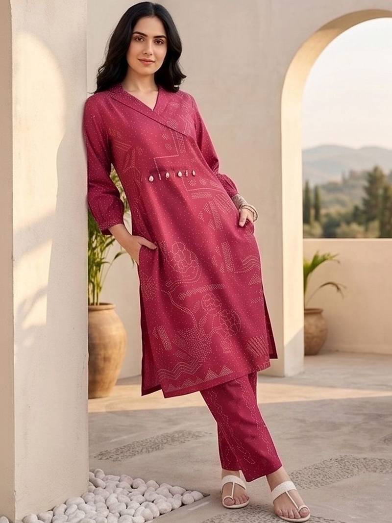 Women Ethnic Motifs Printed Angrakha Thread Work Chanderi Silk Kurta with Trousers