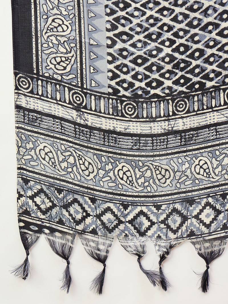 Floral Yoke Design Thread Work Straight Kurta With Trousers & Dupatta