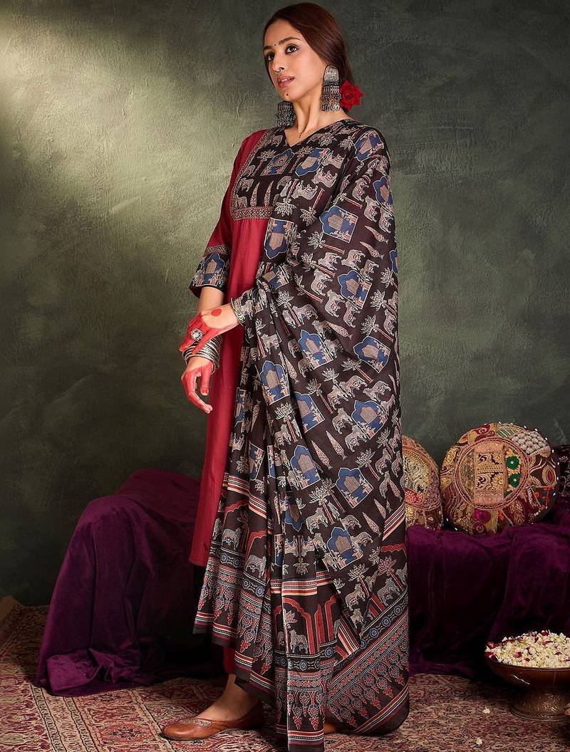 Women Ethnic Motifs Regular Pure Cotton Kurta with Trousers & With Dupatta