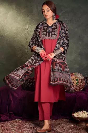 Women Ethnic Motifs Regular Pure Cotton Kurta with Trousers & With Dupatta