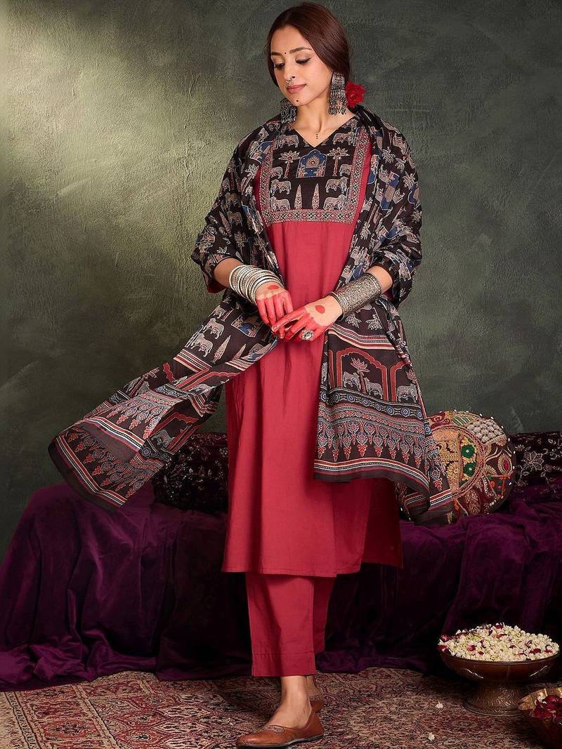 Women Ethnic Motifs Regular Pure Cotton Kurta with Trousers & With Dupatta