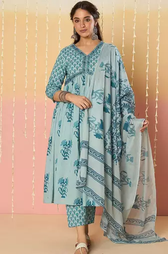 Women Floral Printed Empire Pure Cotton Kurta with Trousers & With Dupatta