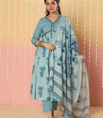 Women Floral Printed Empire  Cotton Kurta with Trousers & With Dupatta