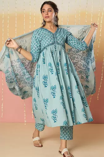 Women Floral Printed Empire Pure Cotton Kurta with Trousers & With Dupatta
