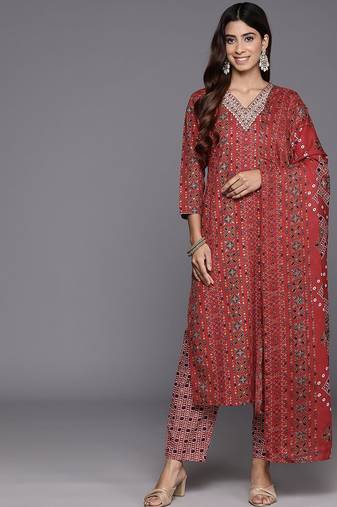 Women Ethnic Motifs Printed Regular Thread Work Kurta with Trousers & With Dupatta