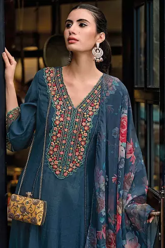 Floral Embroidered Panelled Thread Work A-Line Kurta With Trousers & Dupatta
