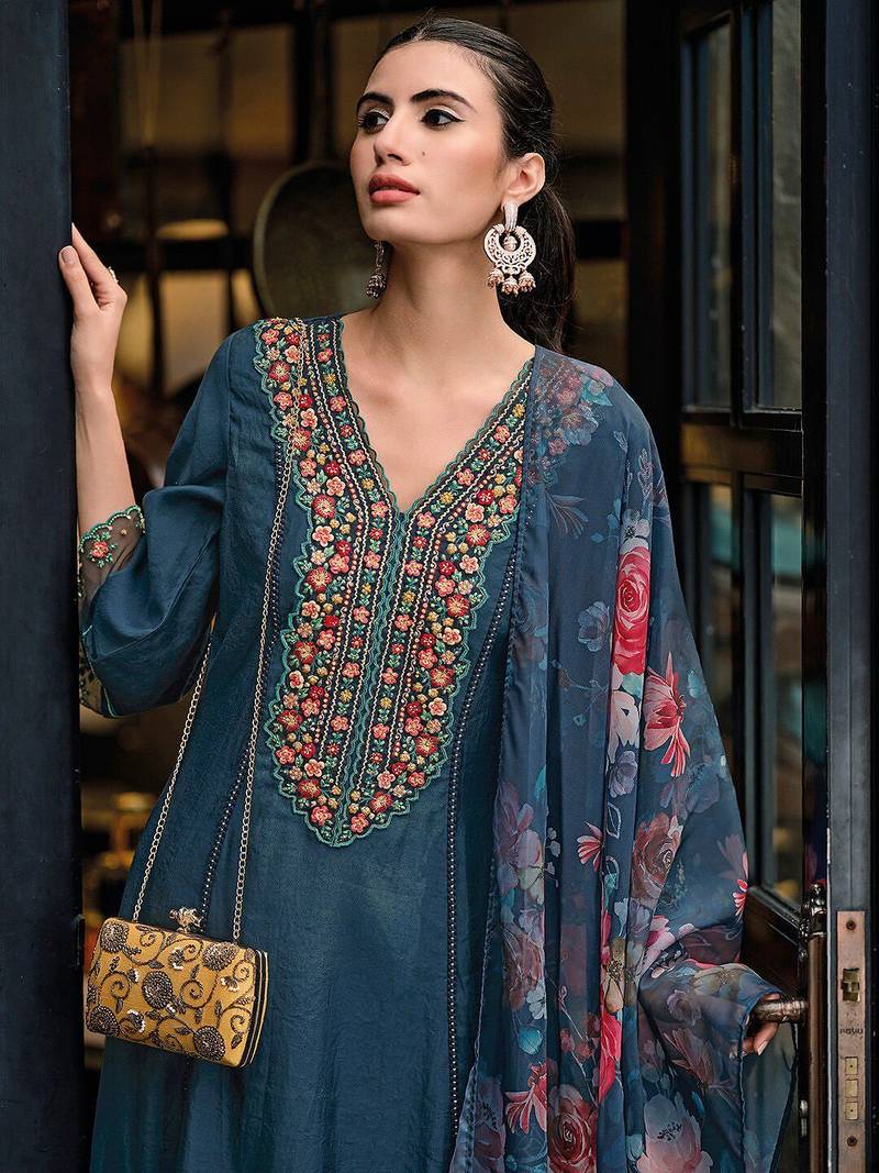 Floral Embroidered Panelled Thread Work A-Line Kurta With Trousers & Dupatta