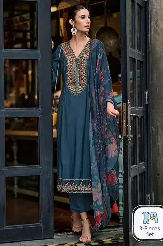 Floral Embroidered Panelled Thread Work A-Line Kurta With Trousers & Dupatta