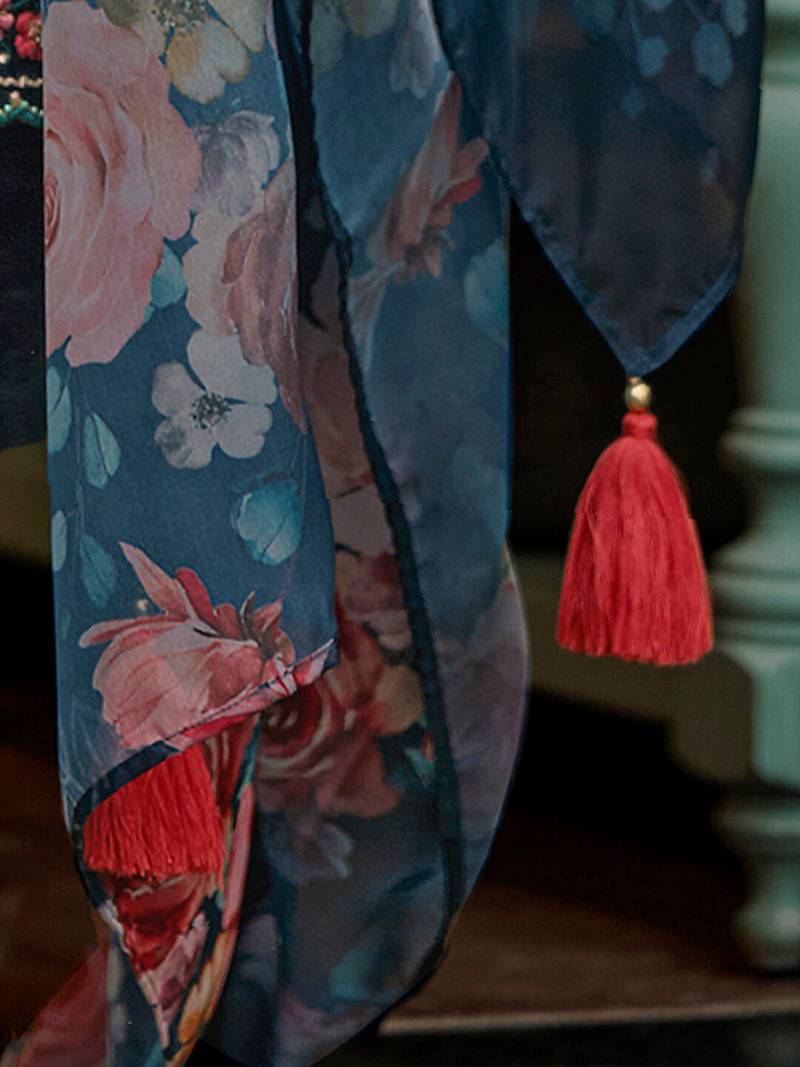 Floral Embroidered Panelled Thread Work A-Line Kurta With Trousers & Dupatta