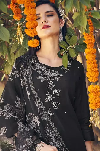 Black & White Floral Embroidered Regular Kurta With Trousers & Dupatta