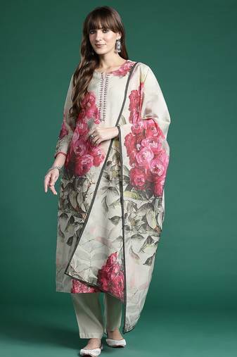 Floral Printed Regular Kurta with Trousers & Dupatta