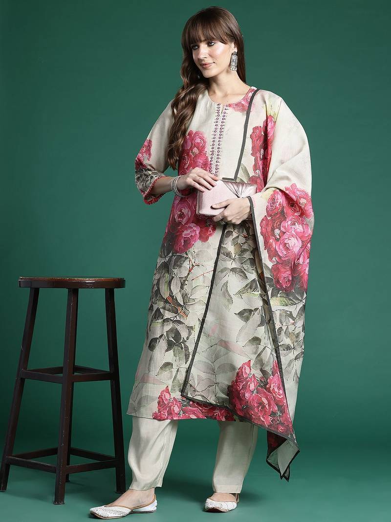 Floral Printed Regular Kurta with Trousers & Dupatta