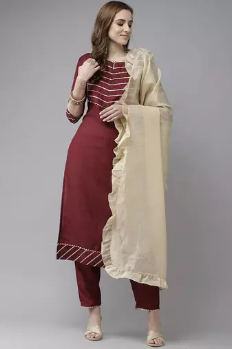 Yoke Design Gotta Patti Kurta with Trousers & With Dupatta