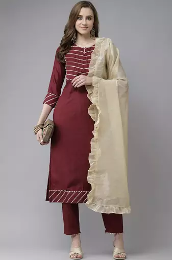 Yoke Design Gotta Patti Kurta with Trousers & With Dupatta