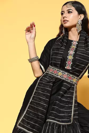 Deep Black Yoke Design Kurta with Solid Trousers