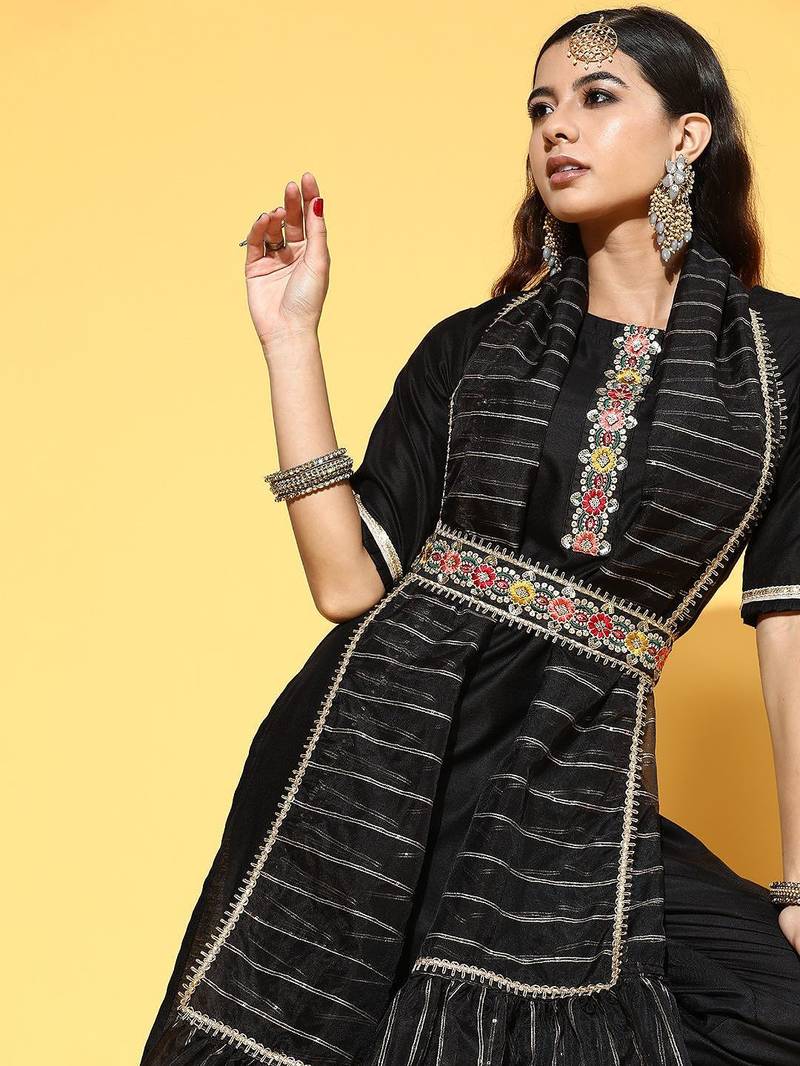 Deep Black Yoke Design Kurta with Solid Trousers