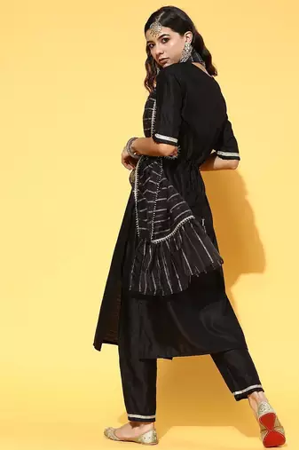Deep Black Yoke Design Kurta with Solid Trousers
