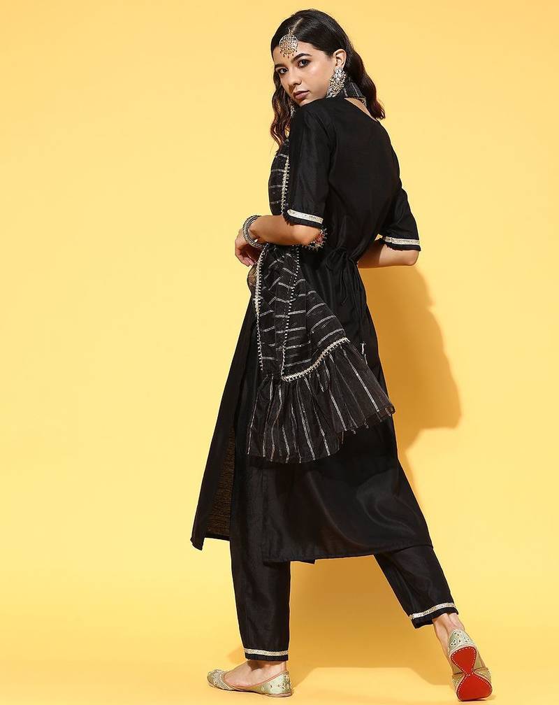Deep Black Yoke Design Kurta with Solid Trousers