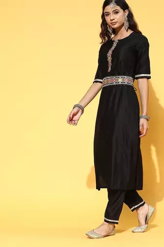 Deep Black Yoke Design Kurta with Solid Trousers