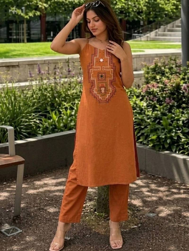 Women Embroidered Regular Mirror Work Kurta with Trousers