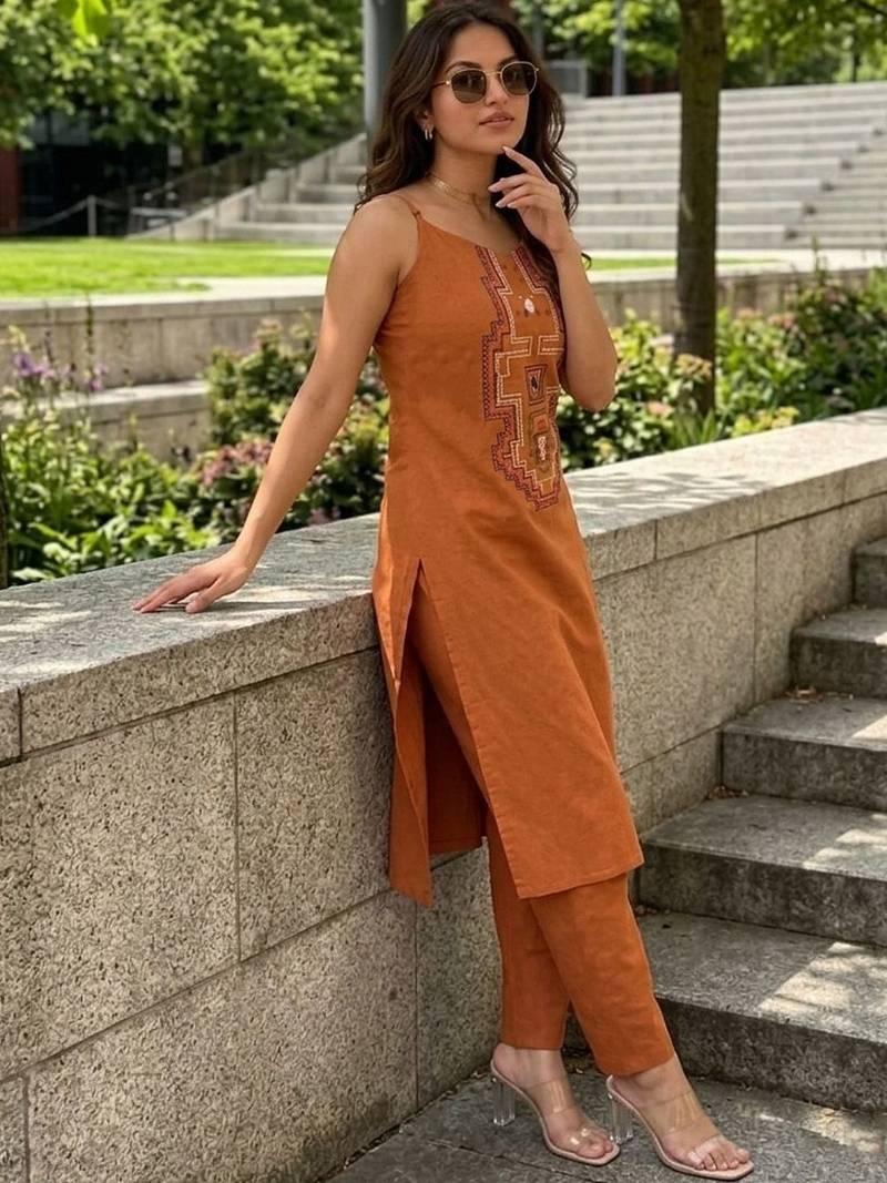 Women Embroidered Regular Mirror Work Kurta with Trousers