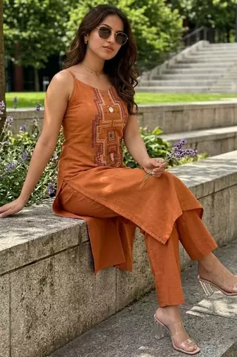 Women Embroidered Regular Mirror Work Kurta with Trousers