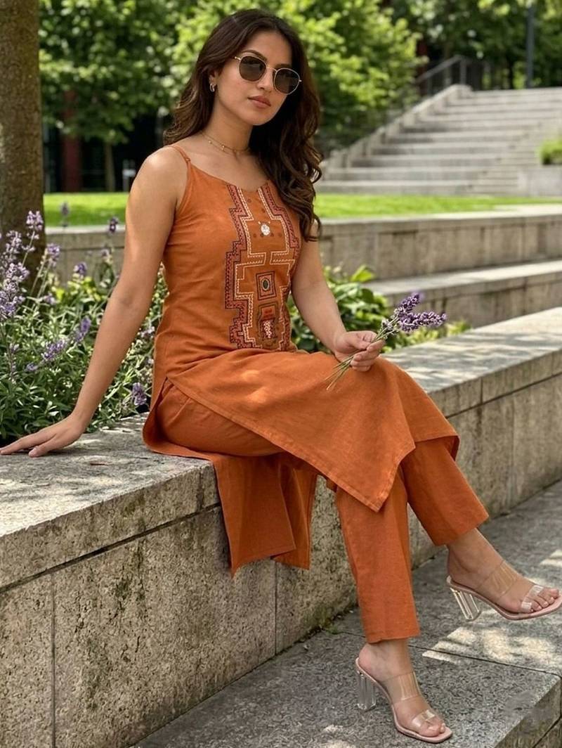 Women Embroidered Regular Mirror Work Kurta with Trousers