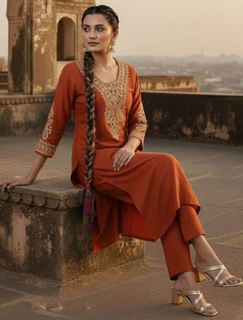 Women Ethnic Motifs Embroidered Regular Thread Work Kurta with Trousers