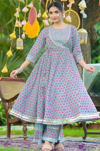 Ethnic Motif Printed Gotta Patti Embroidered Anarkali Kurta With Palazzo & Dupatta