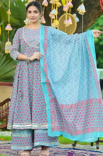 Ethnic Motif Printed Gotta Patti Embroidered Anarkali Kurta With Palazzo & Dupatta