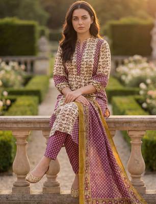 Women Floral Printed Regular Beads and Stones Pure Cotton Kurta with Trousers & With Dupatta 1