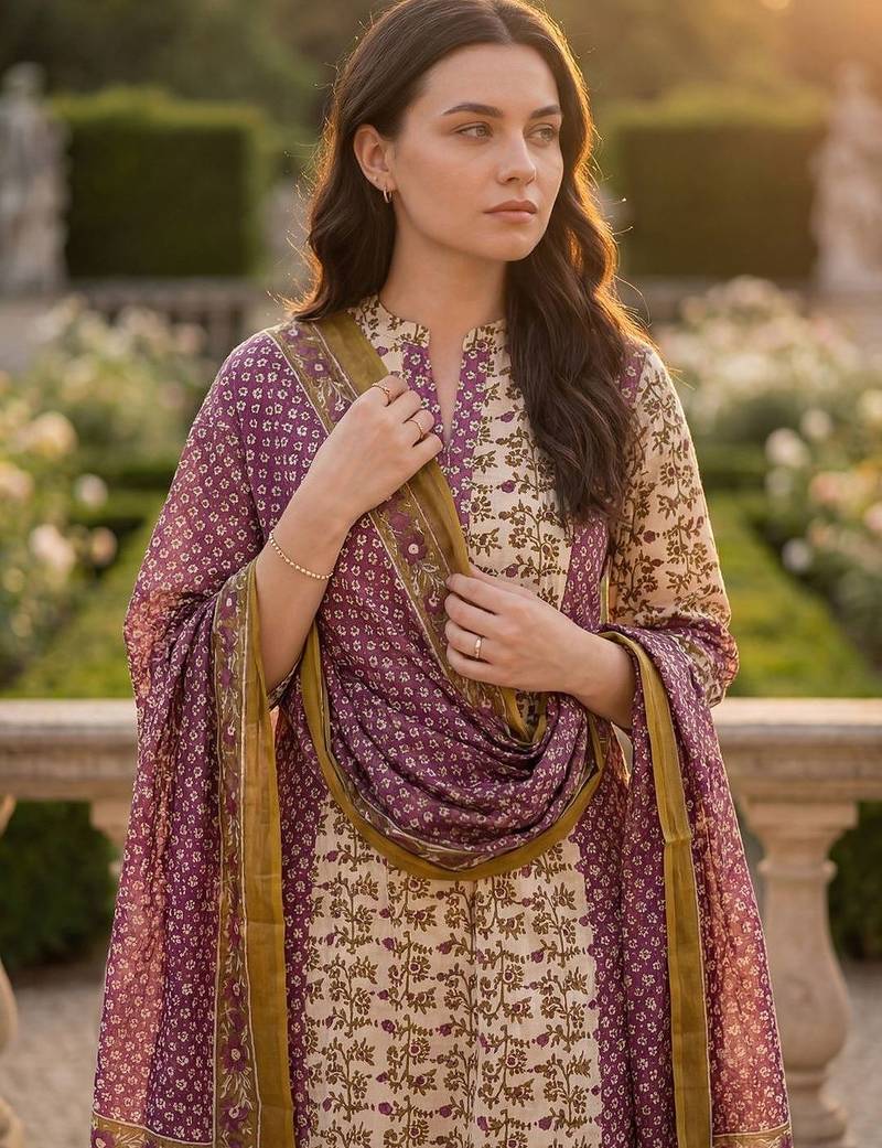 Women Floral Printed Regular Beads and Stones Pure Cotton Kurta with Trousers & With Dupatta