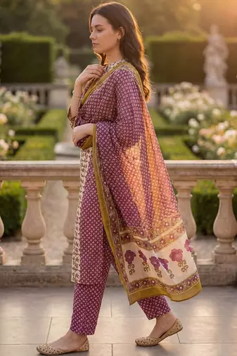 Women Floral Printed Regular Beads and Stones Pure Cotton Kurta with Trousers & With Dupatta
