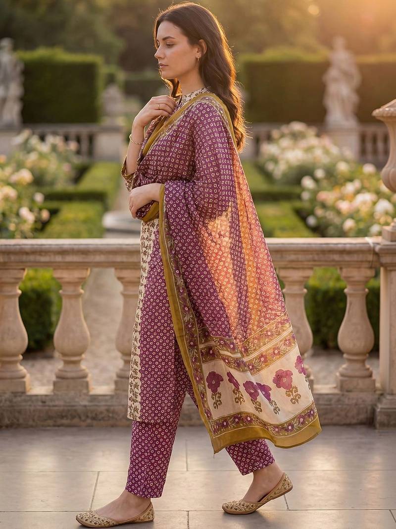 Women Floral Printed Regular Beads and Stones Pure Cotton Kurta with Trousers & With Dupatta