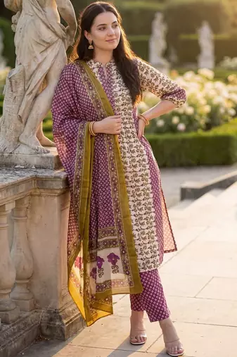 Women Floral Printed Regular Beads and Stones Pure Cotton Kurta with Trousers & With Dupatta