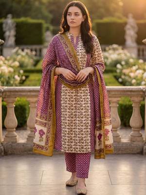 Women Floral Printed Regular Beads and Stones Pure Cotton Kurta with Trousers & With Dupatta 6