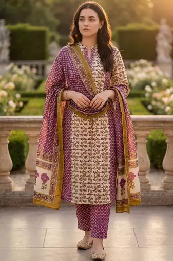 Women Floral Printed Regular Beads and Stones Pure Cotton Kurta with Trousers & With Dupatta