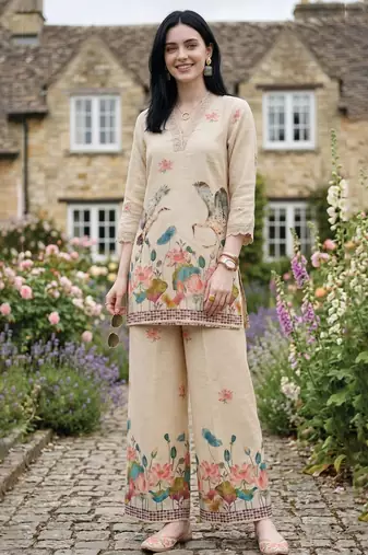 Printed V-Neck Straight Kurta With Palazzos