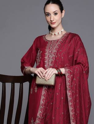 Floral Embroidered Regular Sequinned Kurta With Trousers & Dupatta 2