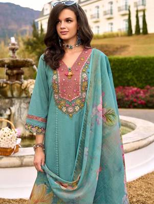 Women Embroidered Thread Work  Cotton Kurta with Trousers & With Dupatta 6