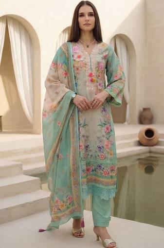 Women Floral Embroidered Regular Beads and Stones Linen Kurta with Trousers & With Dupatta