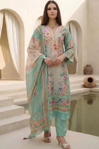 Women Floral Embroidered Regular Beads and Stones Linen Kurta with Trousers & With Dupatta