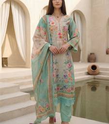Women Floral Embroidered Regular Beads and Stones Linen Kurta with Trousers & With Dupatta