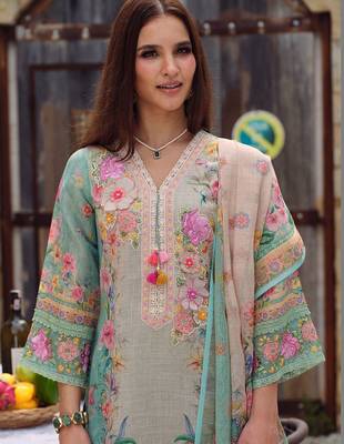 Women Floral Embroidered Regular Beads and Stones Linen Kurta with Trousers & With Dupatta 2