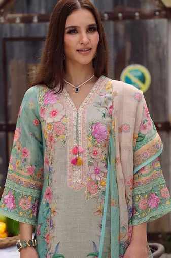 Women Floral Embroidered Regular Beads and Stones Linen Kurta with Trousers & With Dupatta
