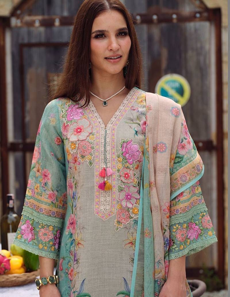 Women Floral Embroidered Regular Beads and Stones Linen Kurta with Trousers & With Dupatta