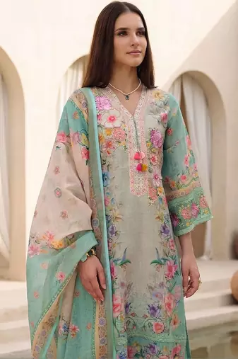 Women Floral Embroidered Regular Beads and Stones Linen Kurta with Trousers & With Dupatta